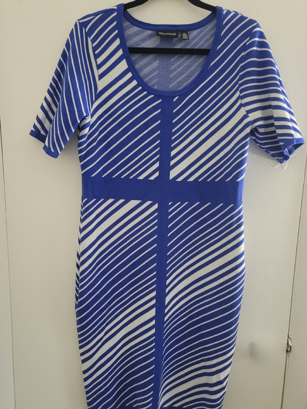 Nina Leonard Blue & White Diagonal Stripe Midi Dress